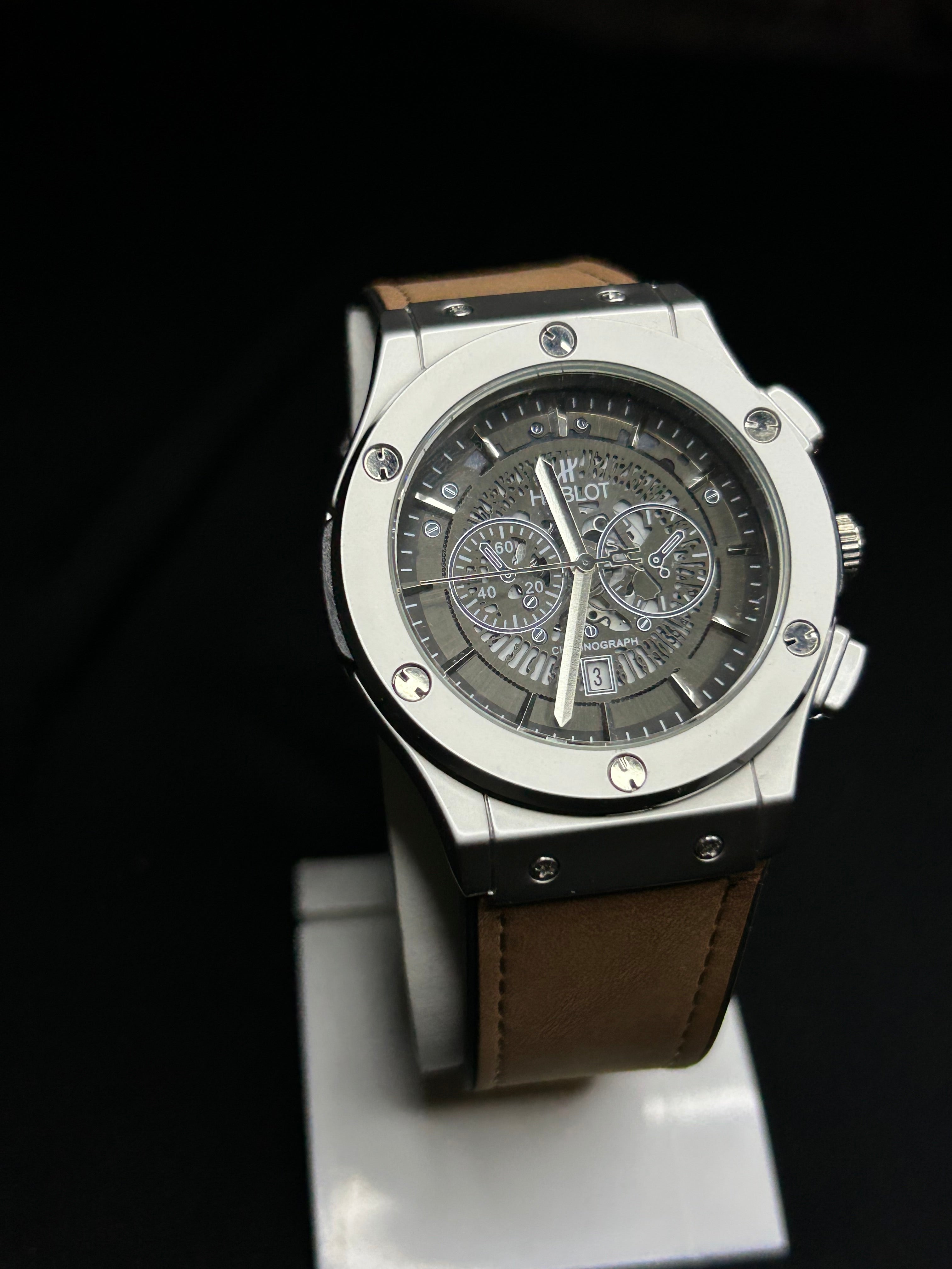 Hublot-Inspired Skeleton Chronograph Watch with Leather Strap