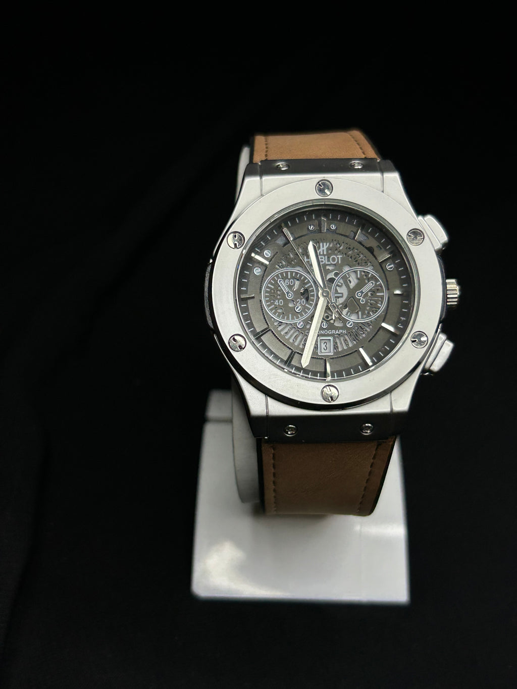 Hublot-Inspired Skeleton Chronograph Watch with Leather Strap