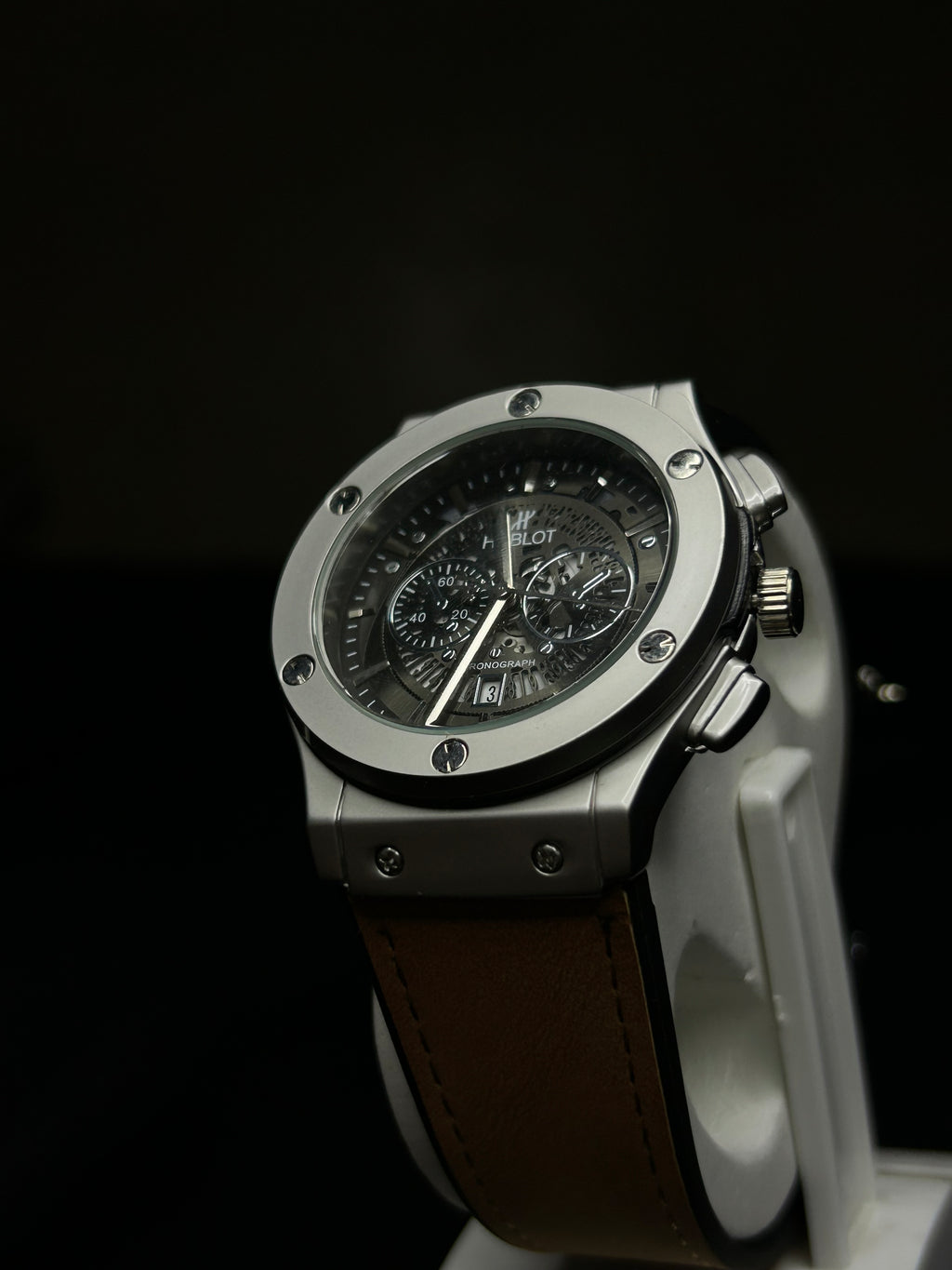 Hublot-Inspired Skeleton Chronograph Watch with Leather Strap