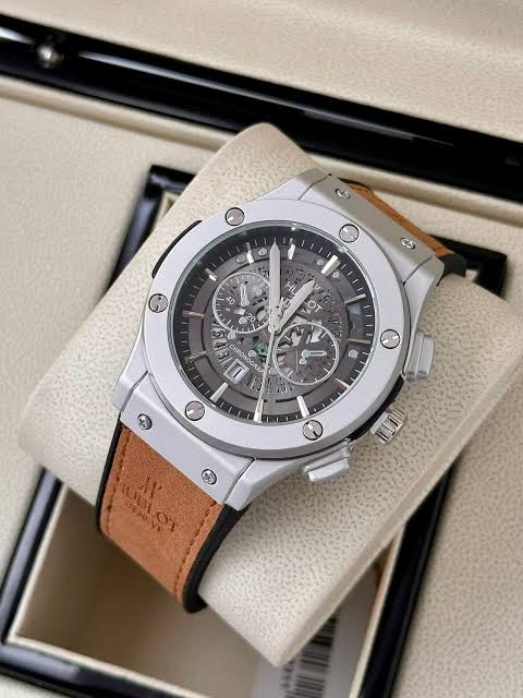 Hublot-Inspired Skeleton Chronograph Watch with Leather Strap