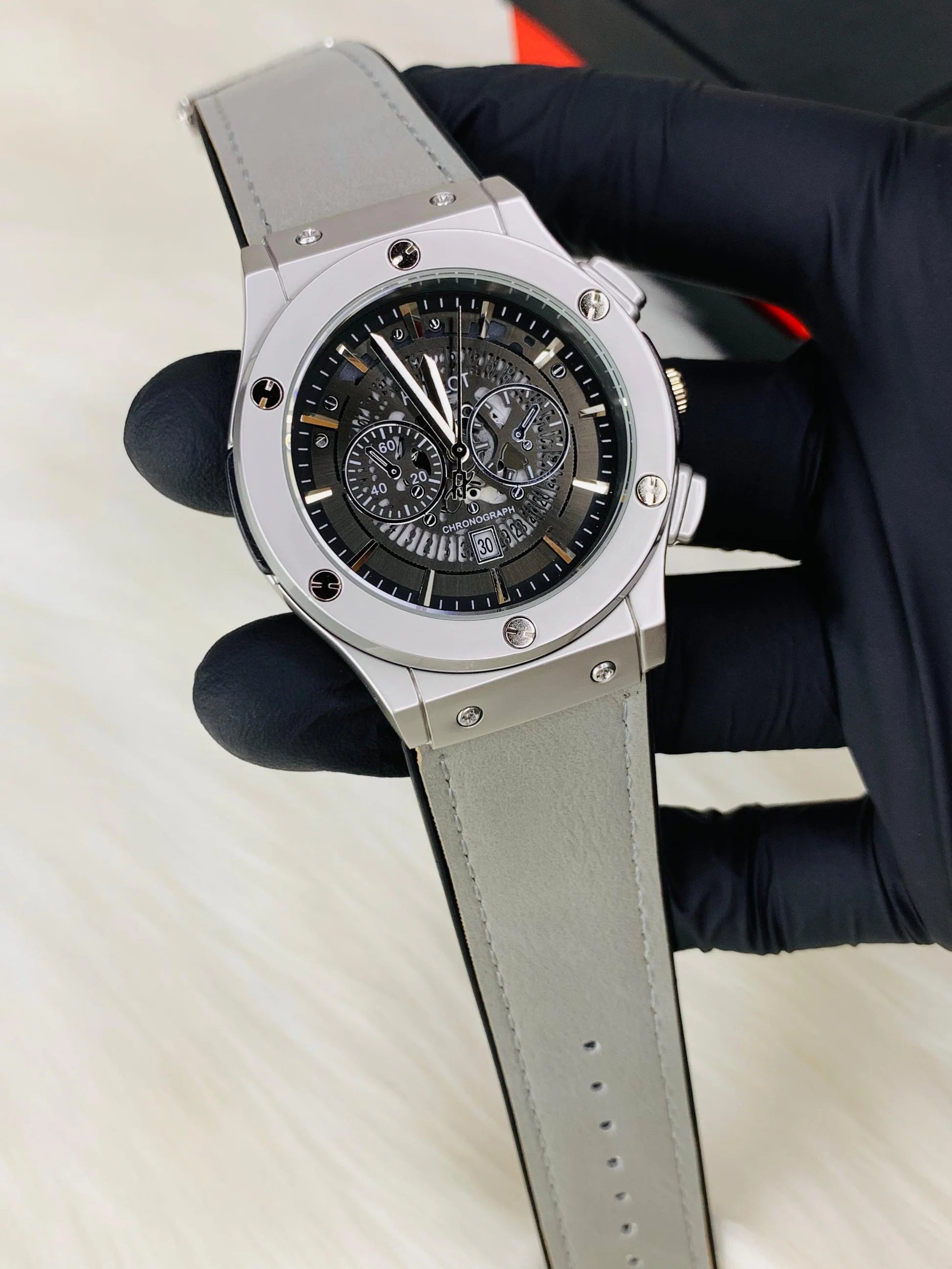 Hublot-Inspired Skeleton Chronograph Watch with Leather Strap